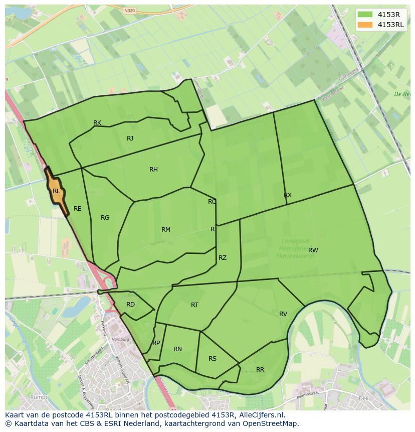 Afbeelding van het postcodegebied 4153 RL op de kaart.