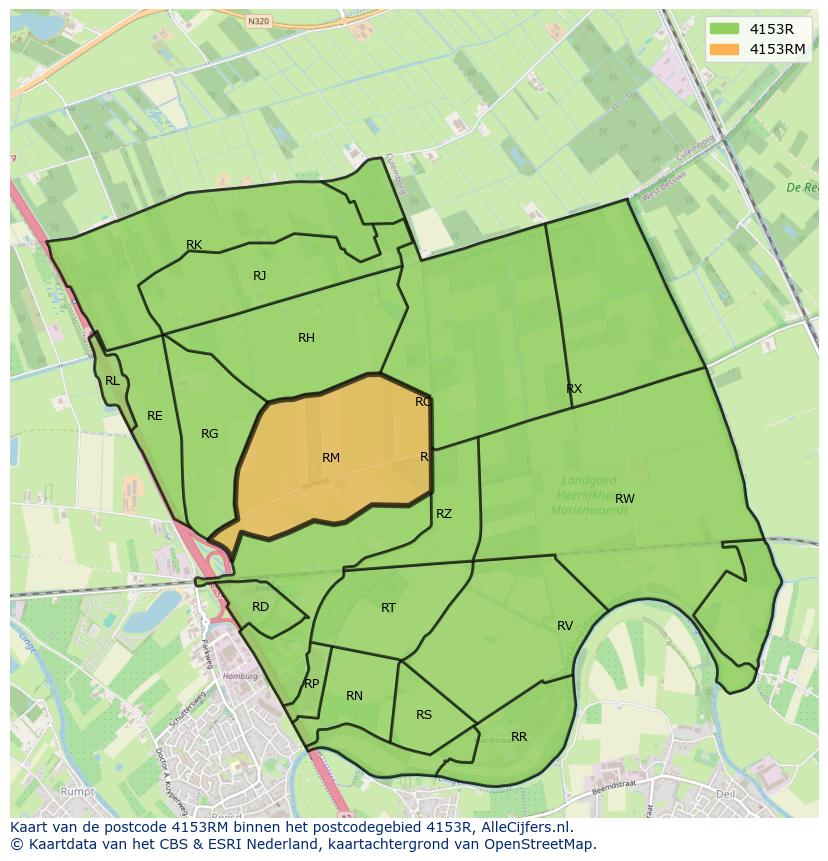 Afbeelding van het postcodegebied 4153 RM op de kaart.