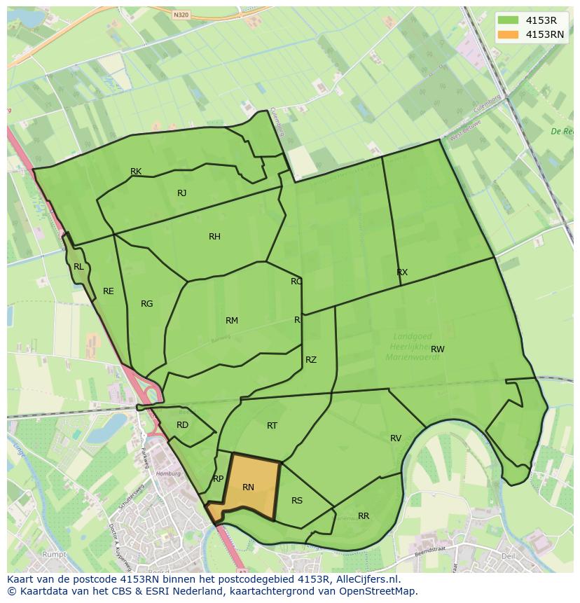 Afbeelding van het postcodegebied 4153 RN op de kaart.