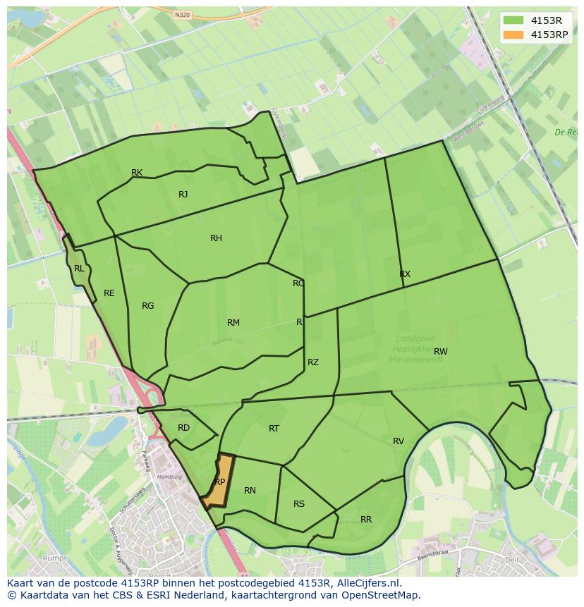 Afbeelding van het postcodegebied 4153 RP op de kaart.