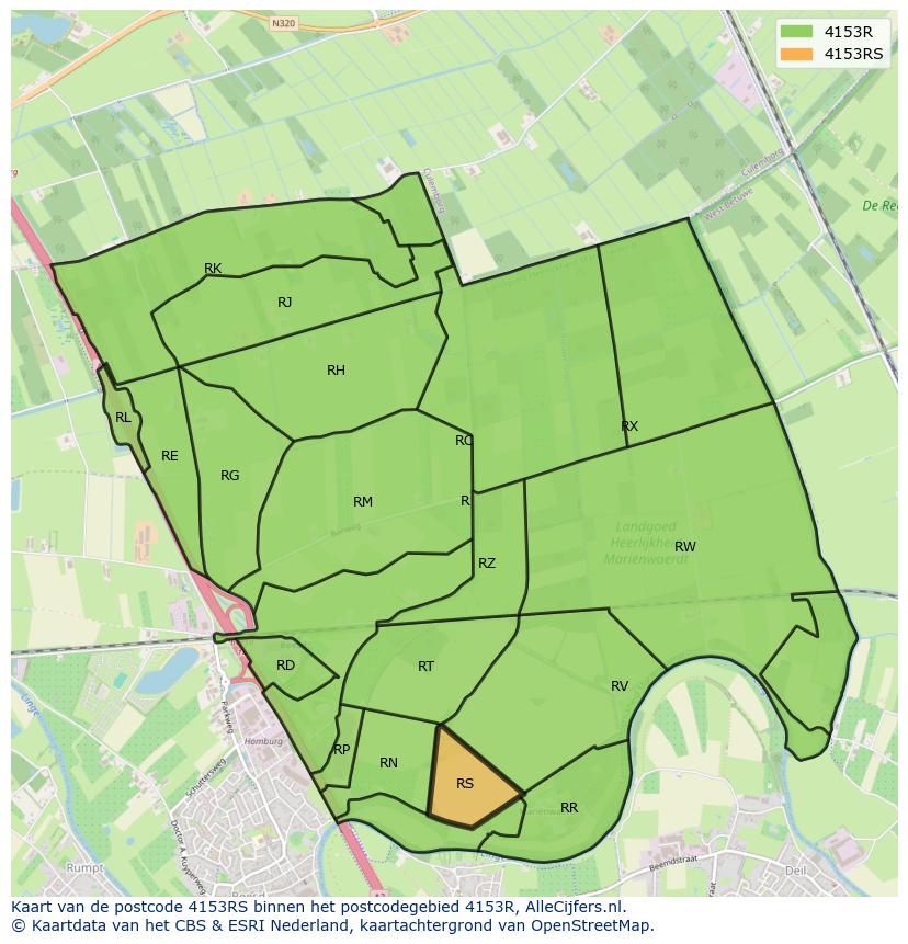 Afbeelding van het postcodegebied 4153 RS op de kaart.