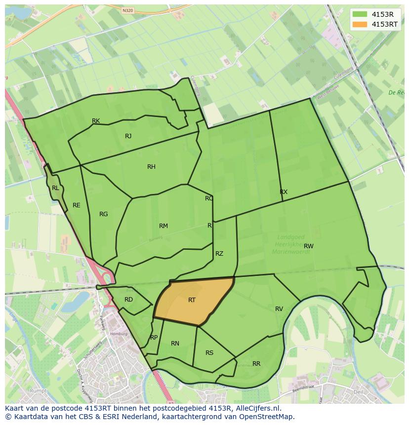 Afbeelding van het postcodegebied 4153 RT op de kaart.