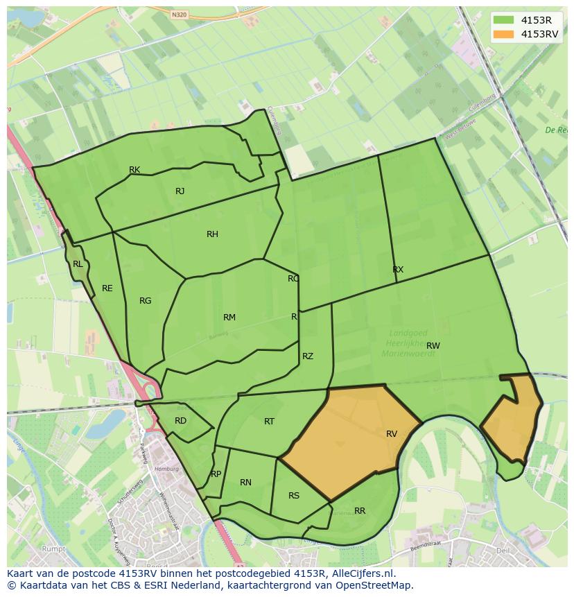 Afbeelding van het postcodegebied 4153 RV op de kaart.