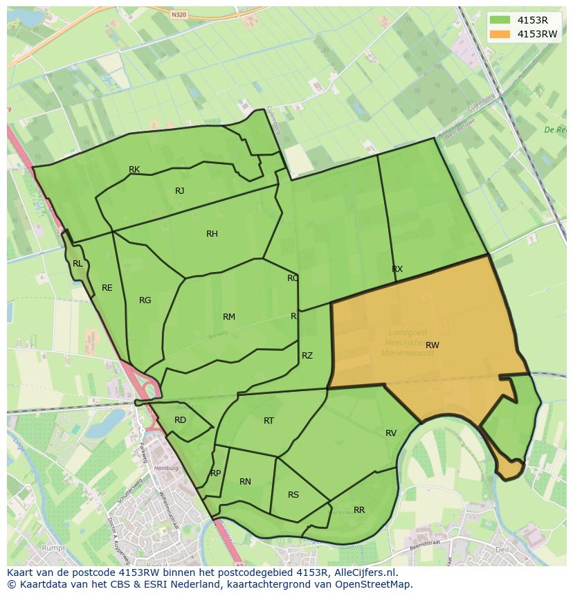 Afbeelding van het postcodegebied 4153 RW op de kaart.