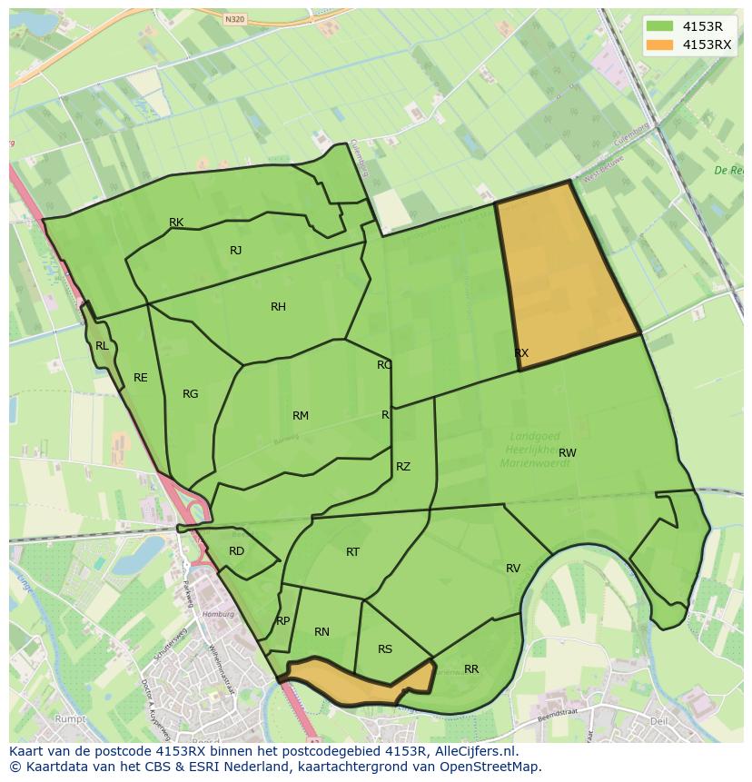 Afbeelding van het postcodegebied 4153 RX op de kaart.