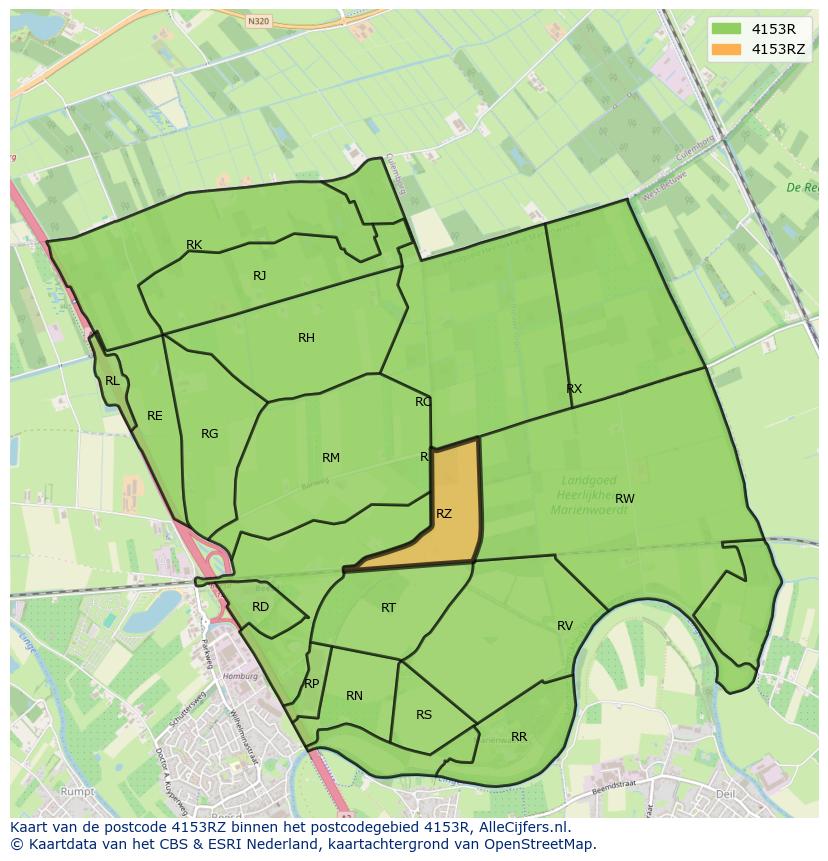 Afbeelding van het postcodegebied 4153 RZ op de kaart.