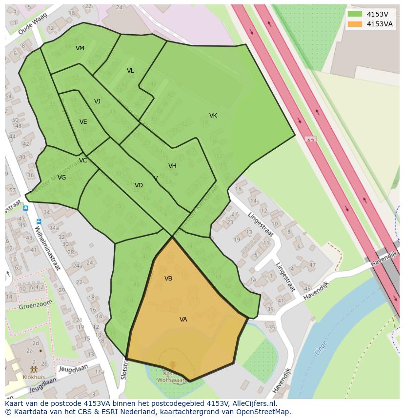 Afbeelding van het postcodegebied 4153 VA op de kaart.