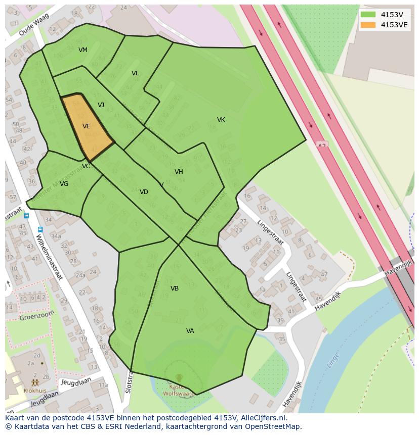 Afbeelding van het postcodegebied 4153 VE op de kaart.