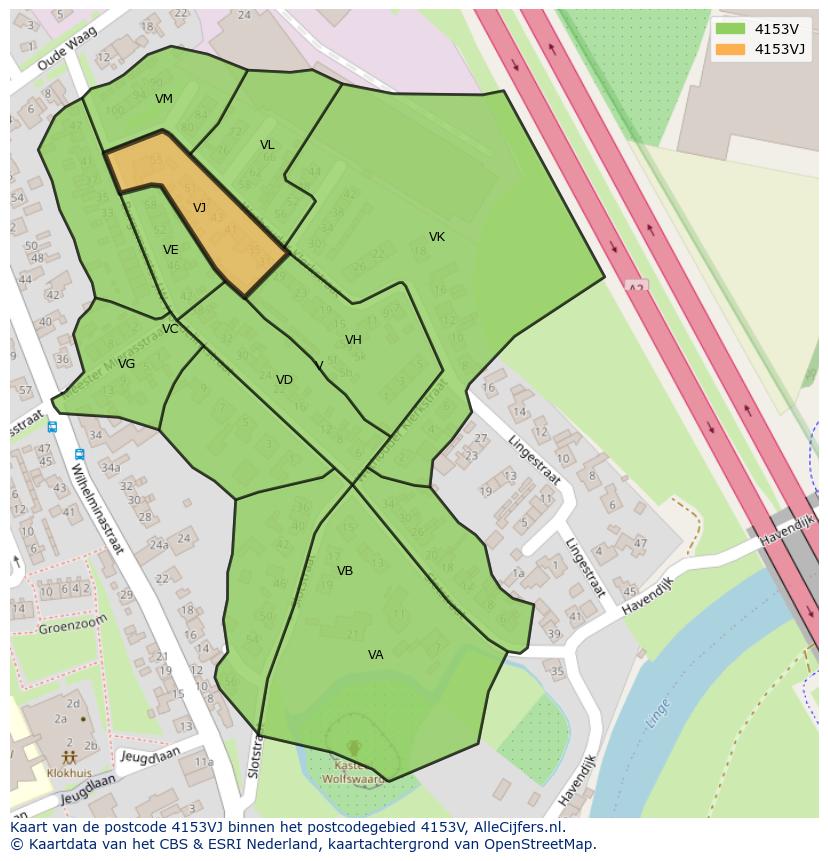 Afbeelding van het postcodegebied 4153 VJ op de kaart.