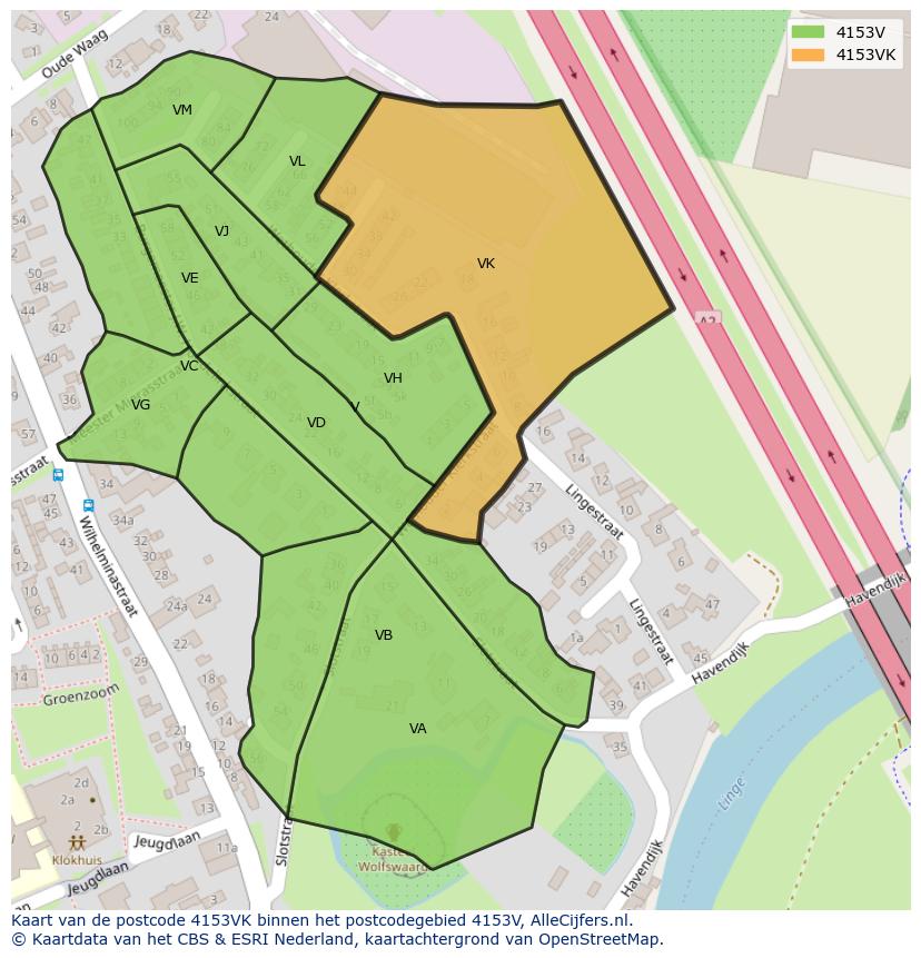 Afbeelding van het postcodegebied 4153 VK op de kaart.