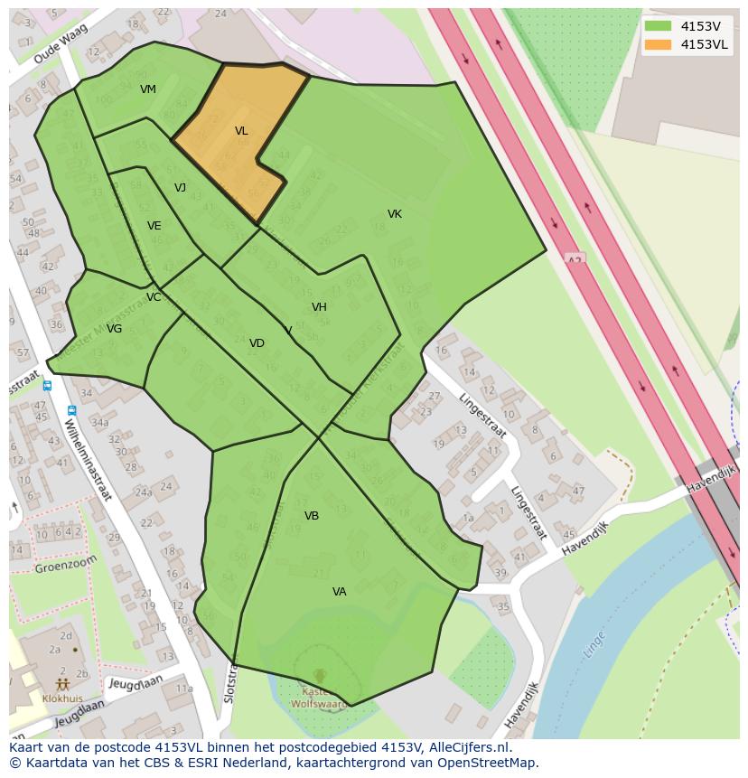 Afbeelding van het postcodegebied 4153 VL op de kaart.
