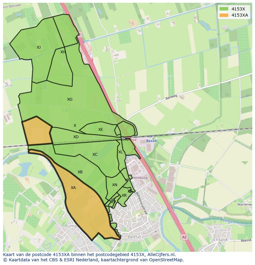 Afbeelding van het postcodegebied 4153 XA op de kaart.