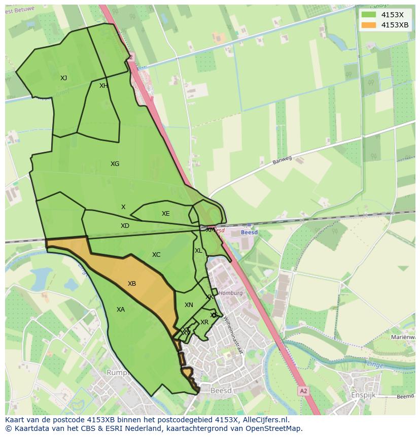 Afbeelding van het postcodegebied 4153 XB op de kaart.
