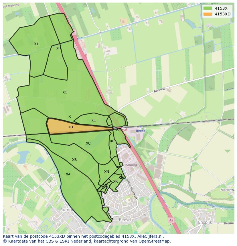 Afbeelding van het postcodegebied 4153 XD op de kaart.