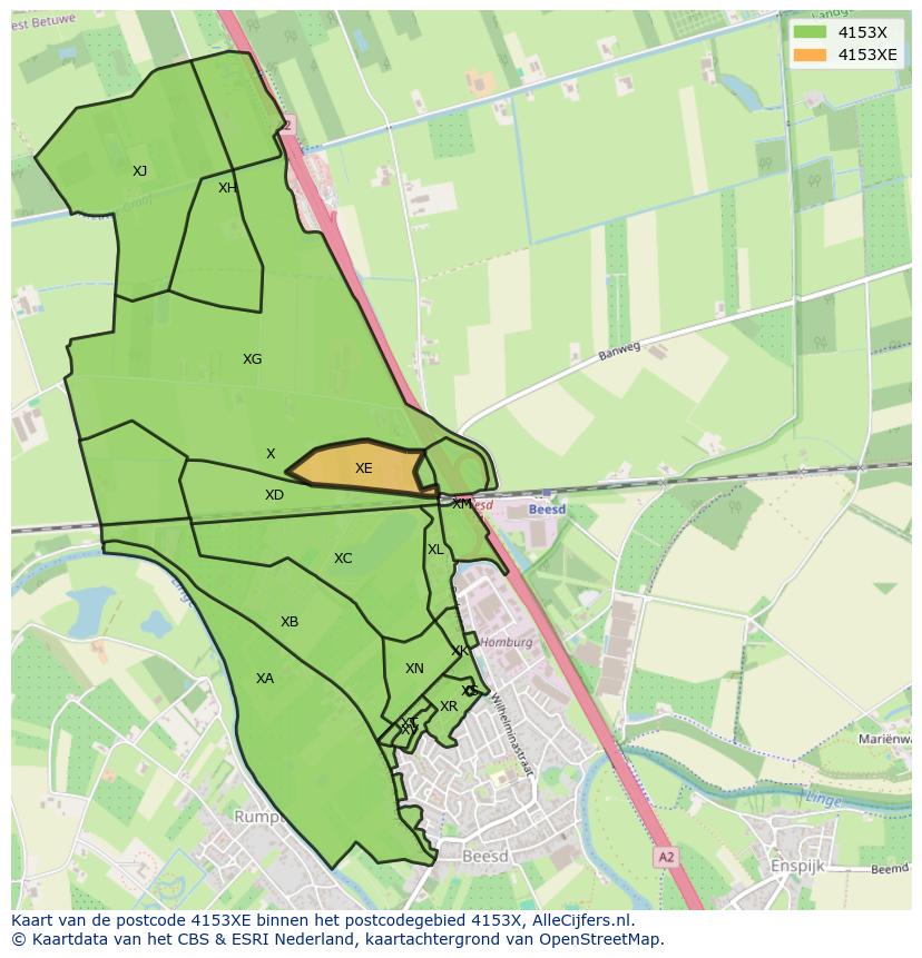 Afbeelding van het postcodegebied 4153 XE op de kaart.