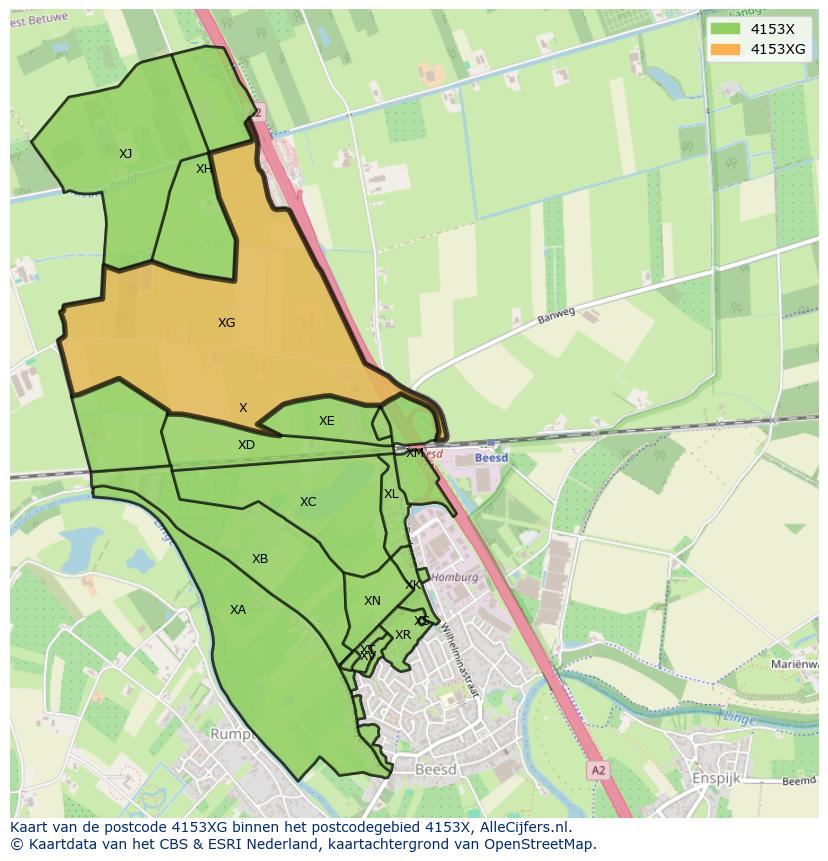 Afbeelding van het postcodegebied 4153 XG op de kaart.