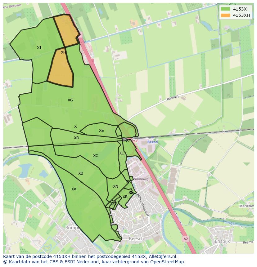 Afbeelding van het postcodegebied 4153 XH op de kaart.