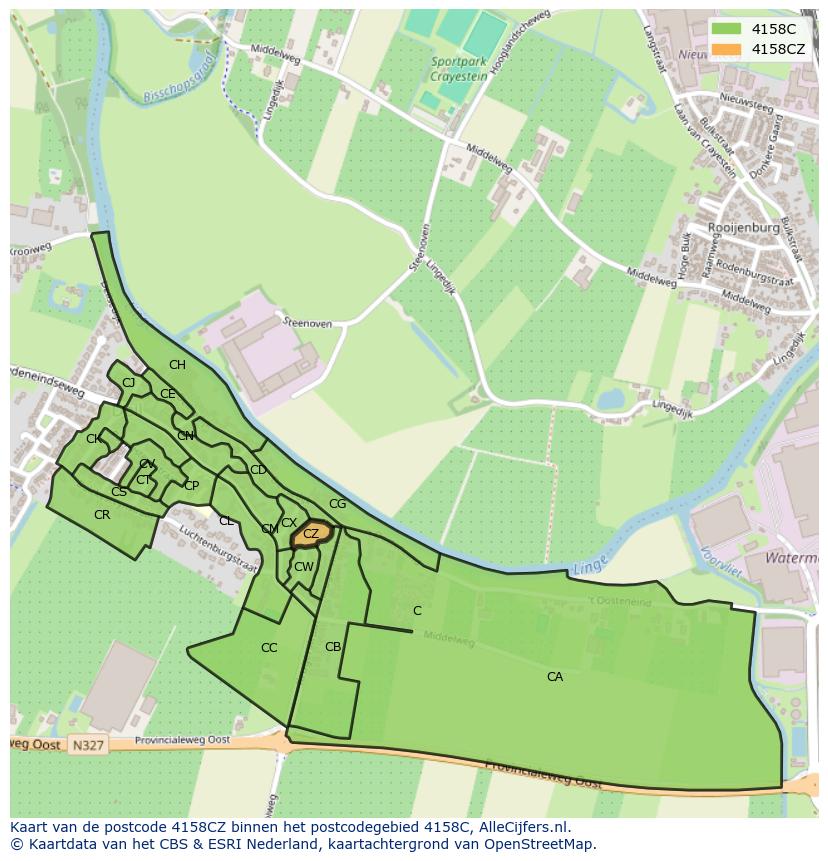 Afbeelding van het postcodegebied 4158 CZ op de kaart.