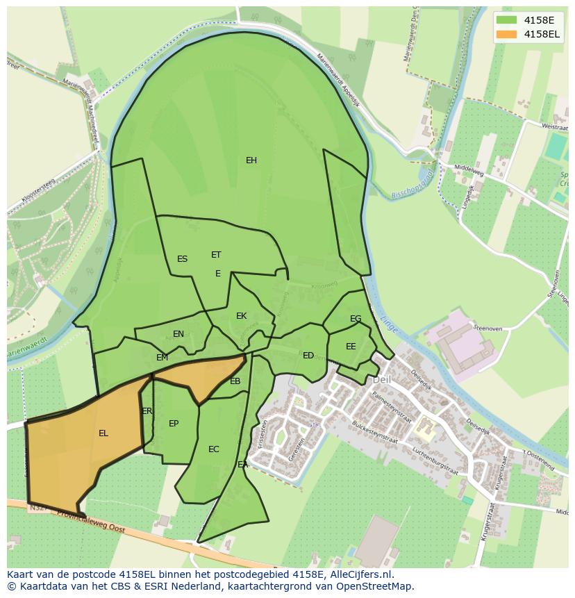 Afbeelding van het postcodegebied 4158 EL op de kaart.