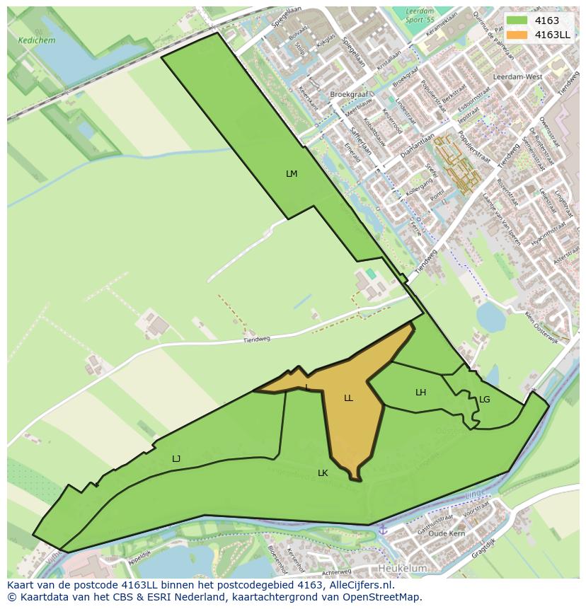 Afbeelding van het postcodegebied 4163 LL op de kaart.