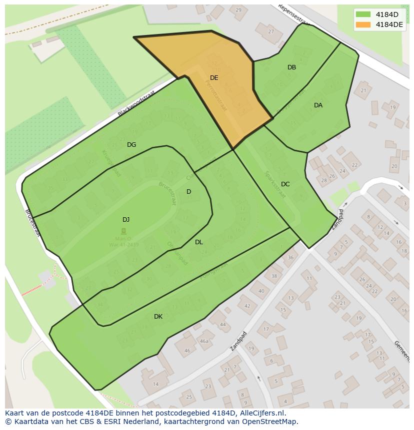 Afbeelding van het postcodegebied 4184 DE op de kaart.