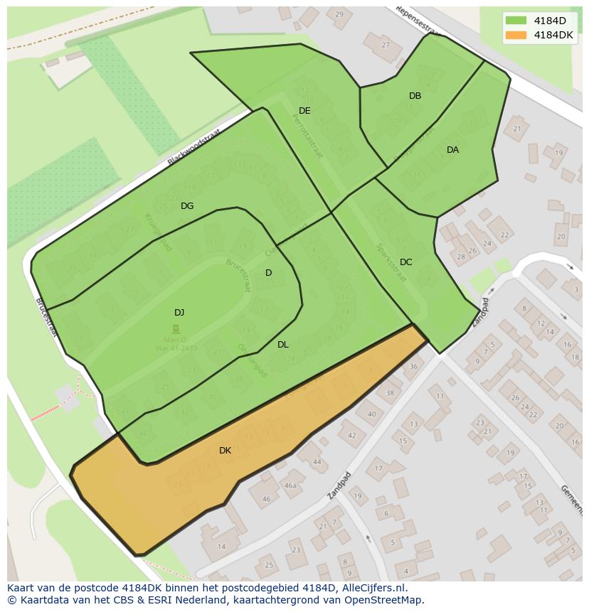 Afbeelding van het postcodegebied 4184 DK op de kaart.