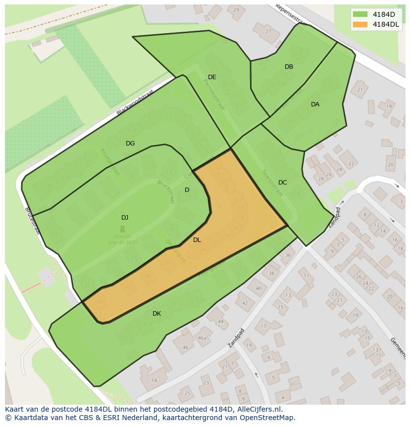 Afbeelding van het postcodegebied 4184 DL op de kaart.
