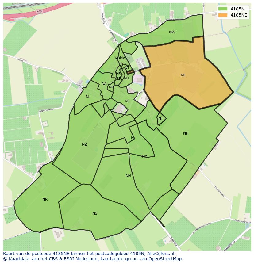 Afbeelding van het postcodegebied 4185 NE op de kaart.