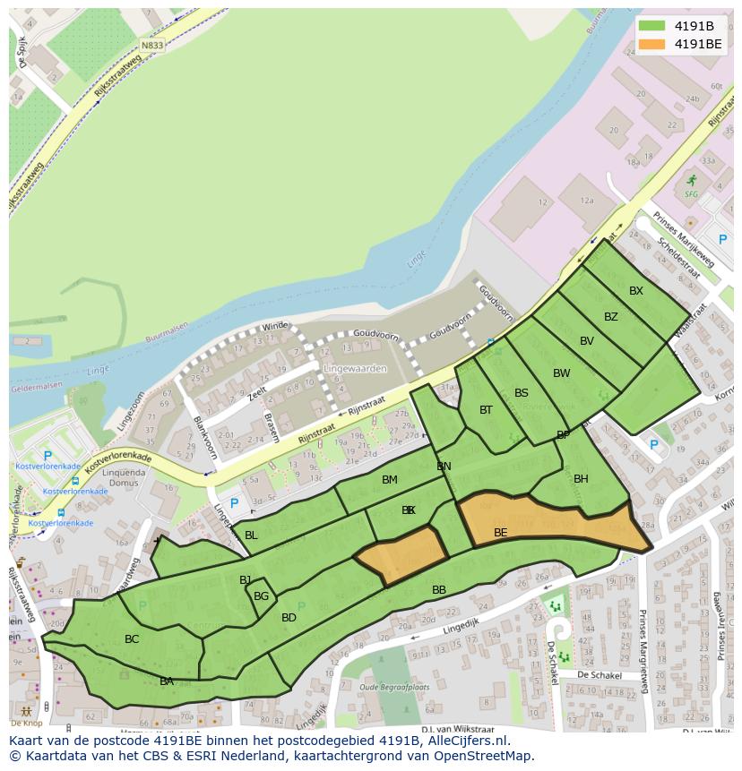 Afbeelding van het postcodegebied 4191 BE op de kaart.