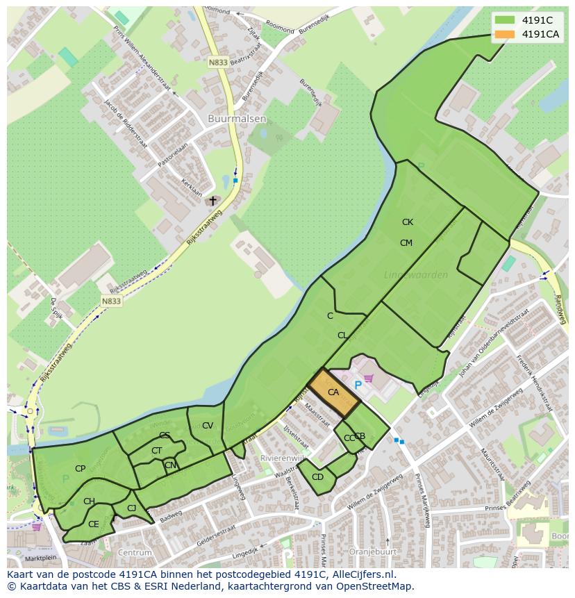 Afbeelding van het postcodegebied 4191 CA op de kaart.