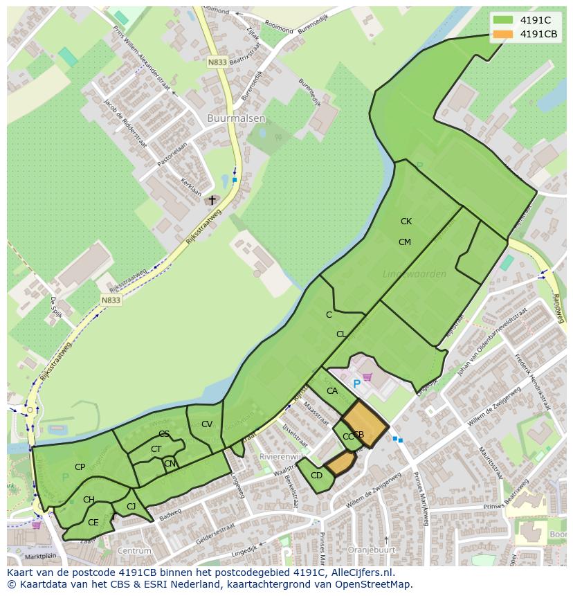 Afbeelding van het postcodegebied 4191 CB op de kaart.