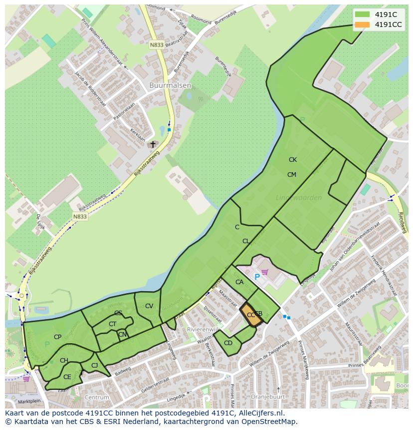 Afbeelding van het postcodegebied 4191 CC op de kaart.