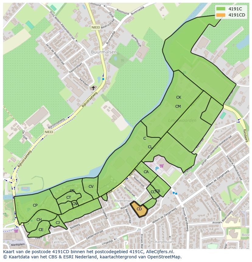 Afbeelding van het postcodegebied 4191 CD op de kaart.