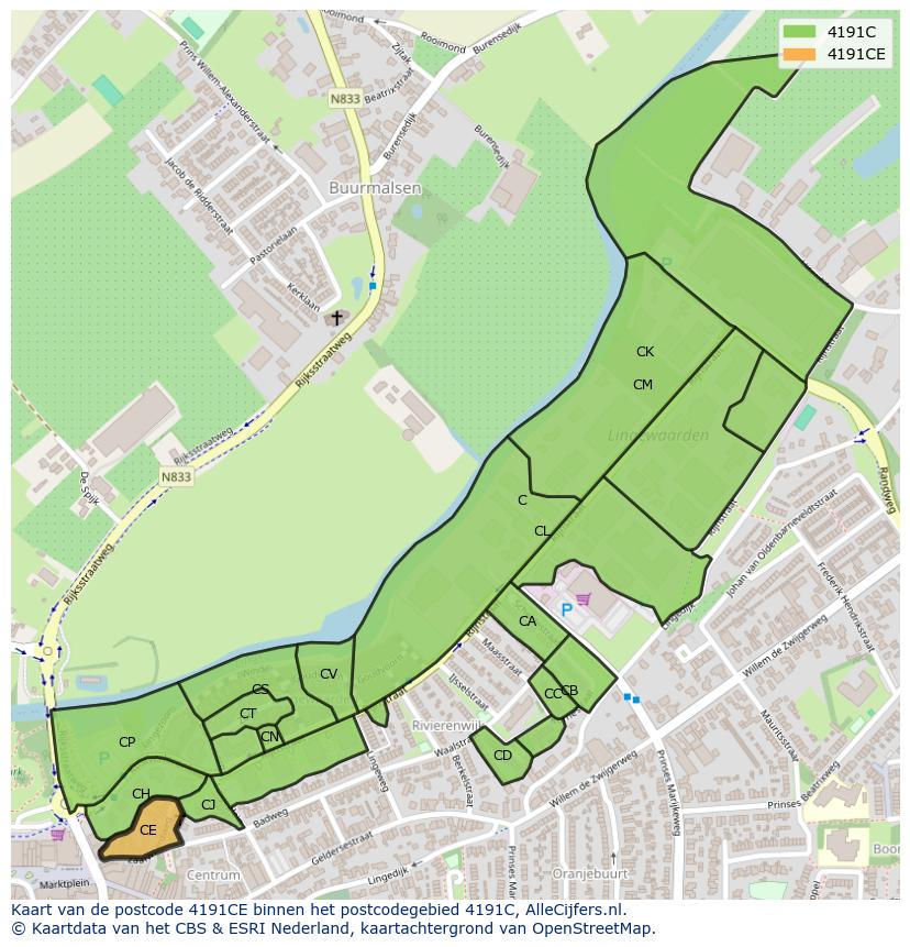 Afbeelding van het postcodegebied 4191 CE op de kaart.