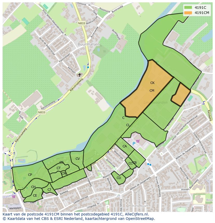 Afbeelding van het postcodegebied 4191 CM op de kaart.