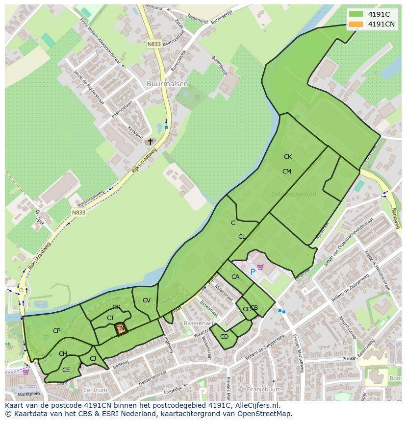 Afbeelding van het postcodegebied 4191 CN op de kaart.