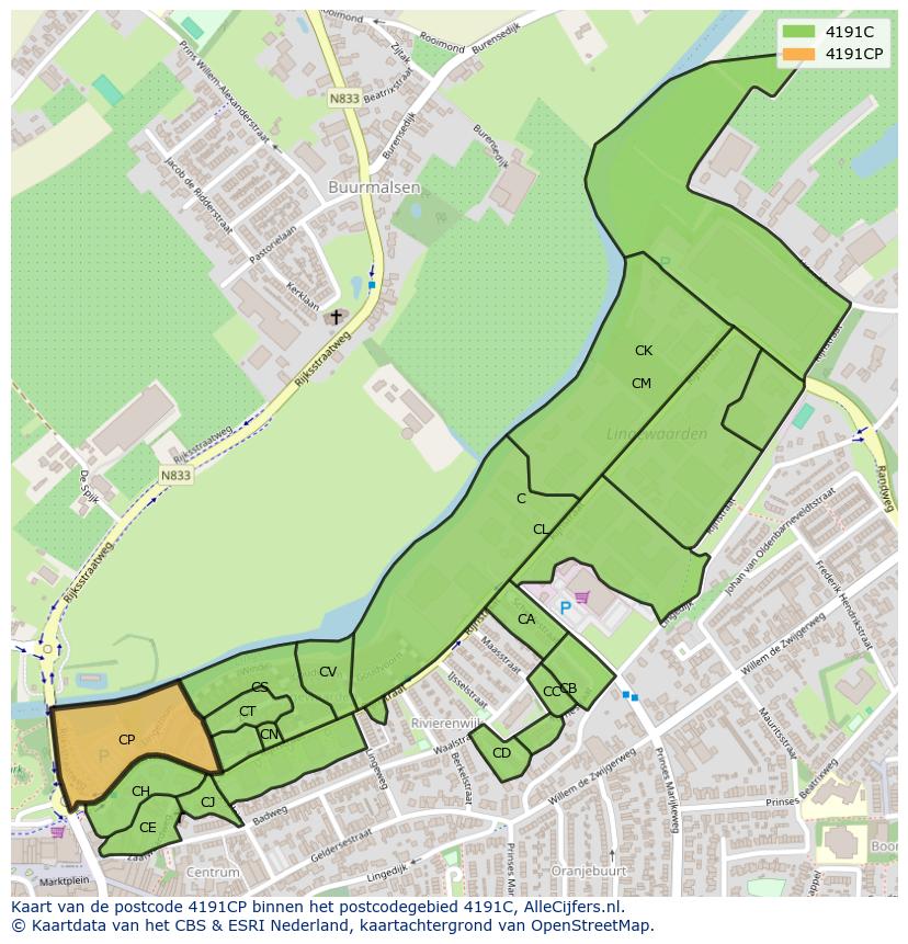 Afbeelding van het postcodegebied 4191 CP op de kaart.