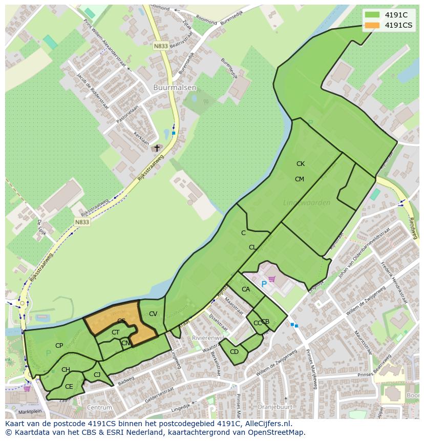 Afbeelding van het postcodegebied 4191 CS op de kaart.