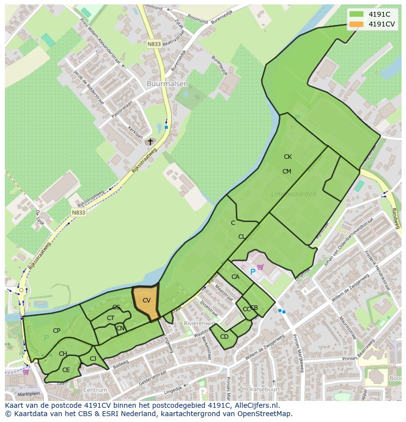 Afbeelding van het postcodegebied 4191 CV op de kaart.
