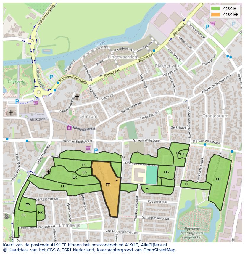 Afbeelding van het postcodegebied 4191 EE op de kaart.