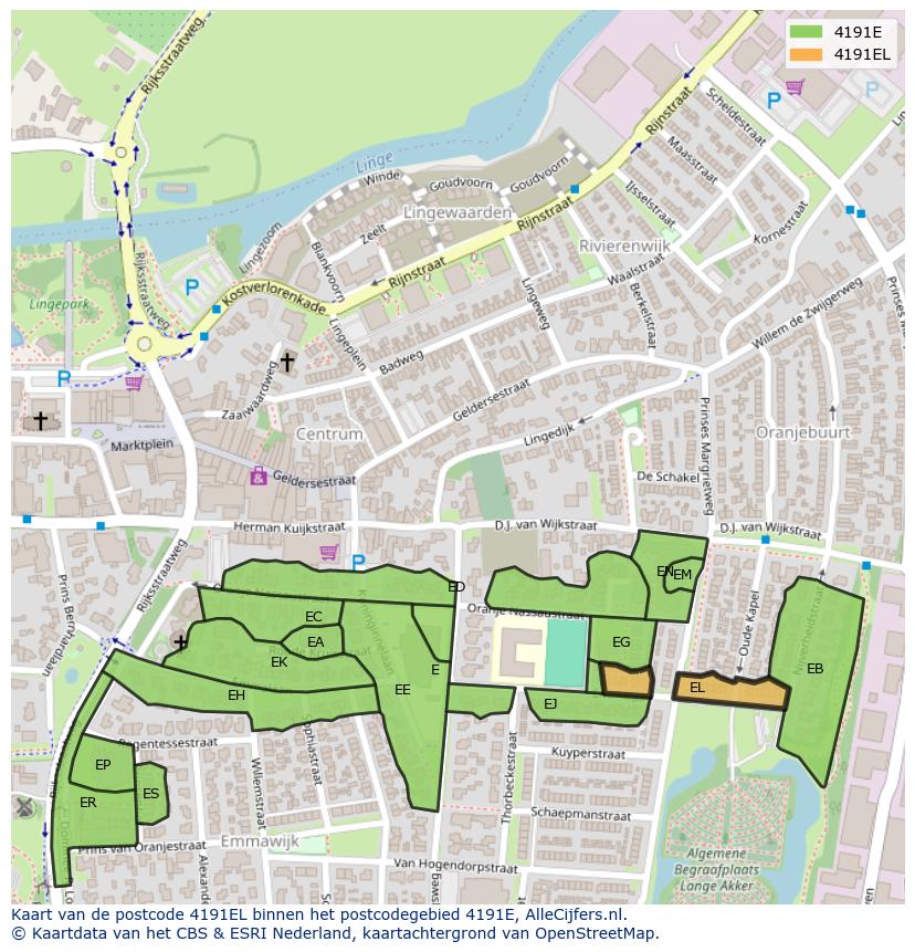 Afbeelding van het postcodegebied 4191 EL op de kaart.
