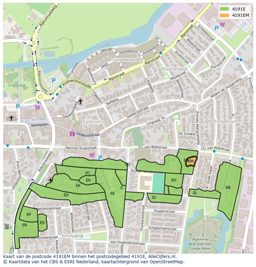Afbeelding van het postcodegebied 4191 EM op de kaart.