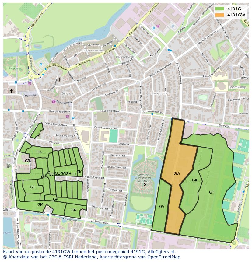 Afbeelding van het postcodegebied 4191 GW op de kaart.