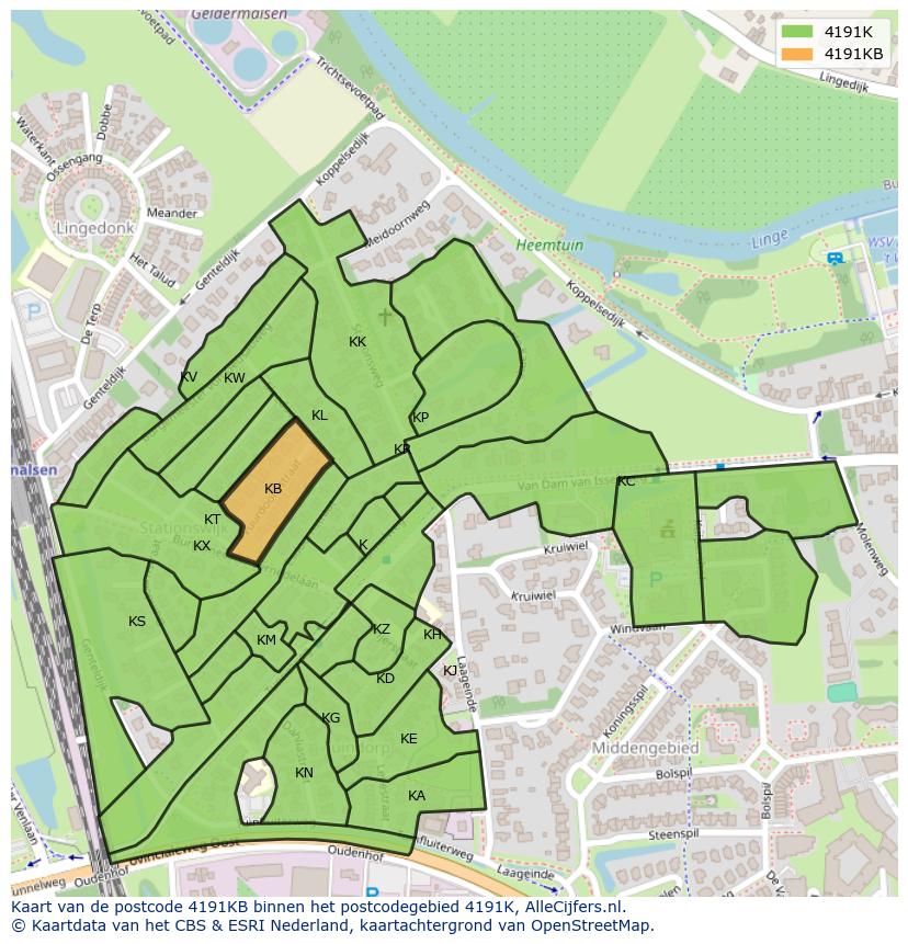 Afbeelding van het postcodegebied 4191 KB op de kaart.