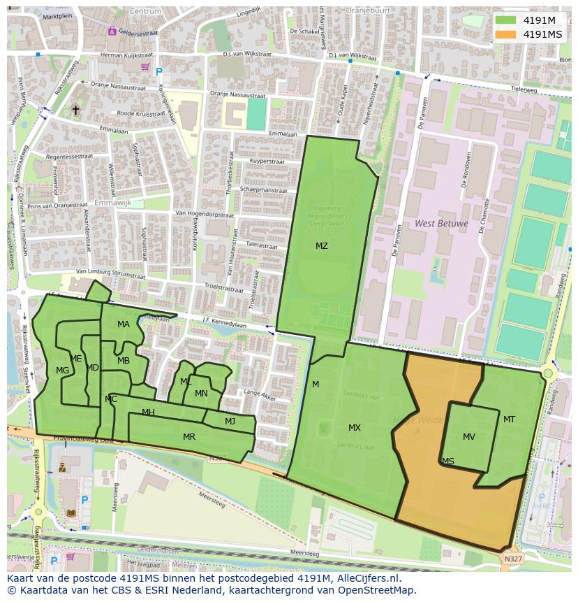 Afbeelding van het postcodegebied 4191 MS op de kaart.