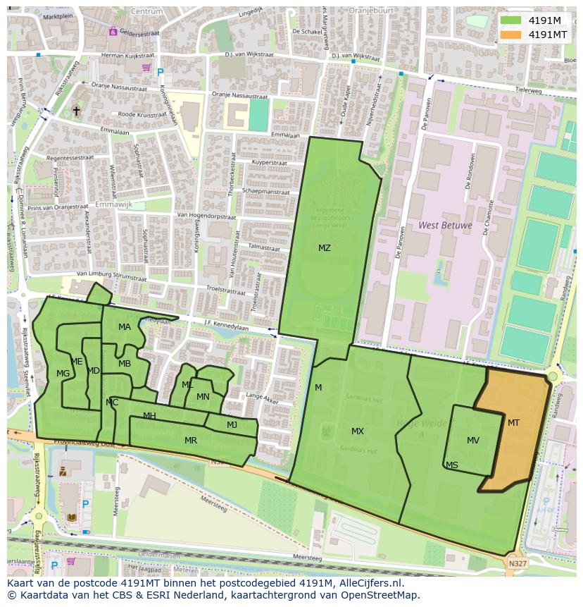 Afbeelding van het postcodegebied 4191 MT op de kaart.