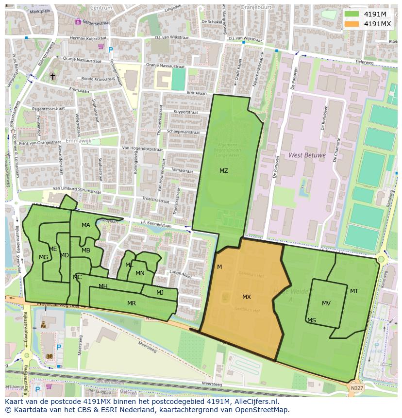 Afbeelding van het postcodegebied 4191 MX op de kaart.