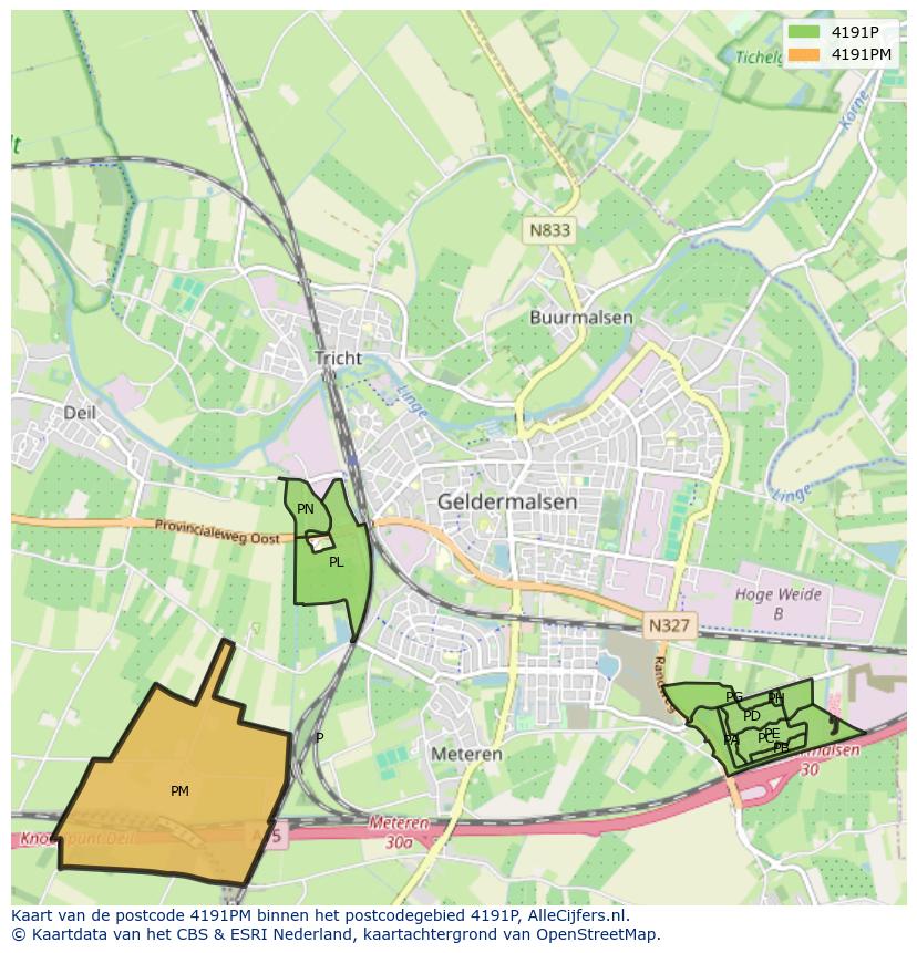 Afbeelding van het postcodegebied 4191 PM op de kaart.