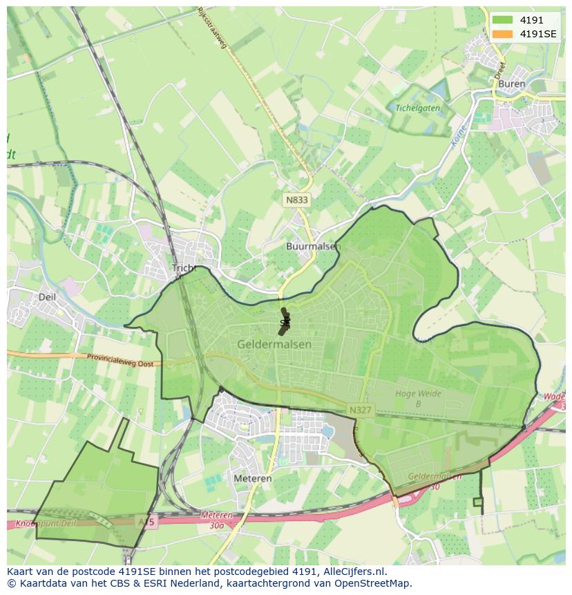 Afbeelding van het postcodegebied 4191 SE op de kaart.