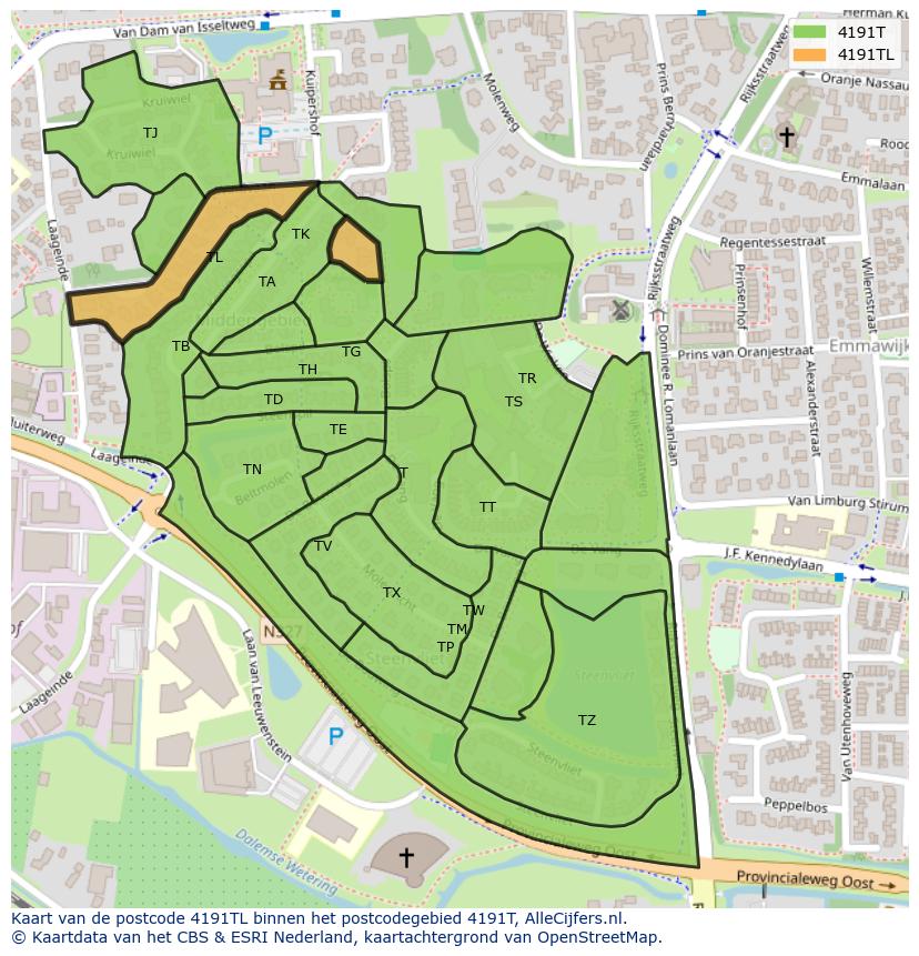 Afbeelding van het postcodegebied 4191 TL op de kaart.